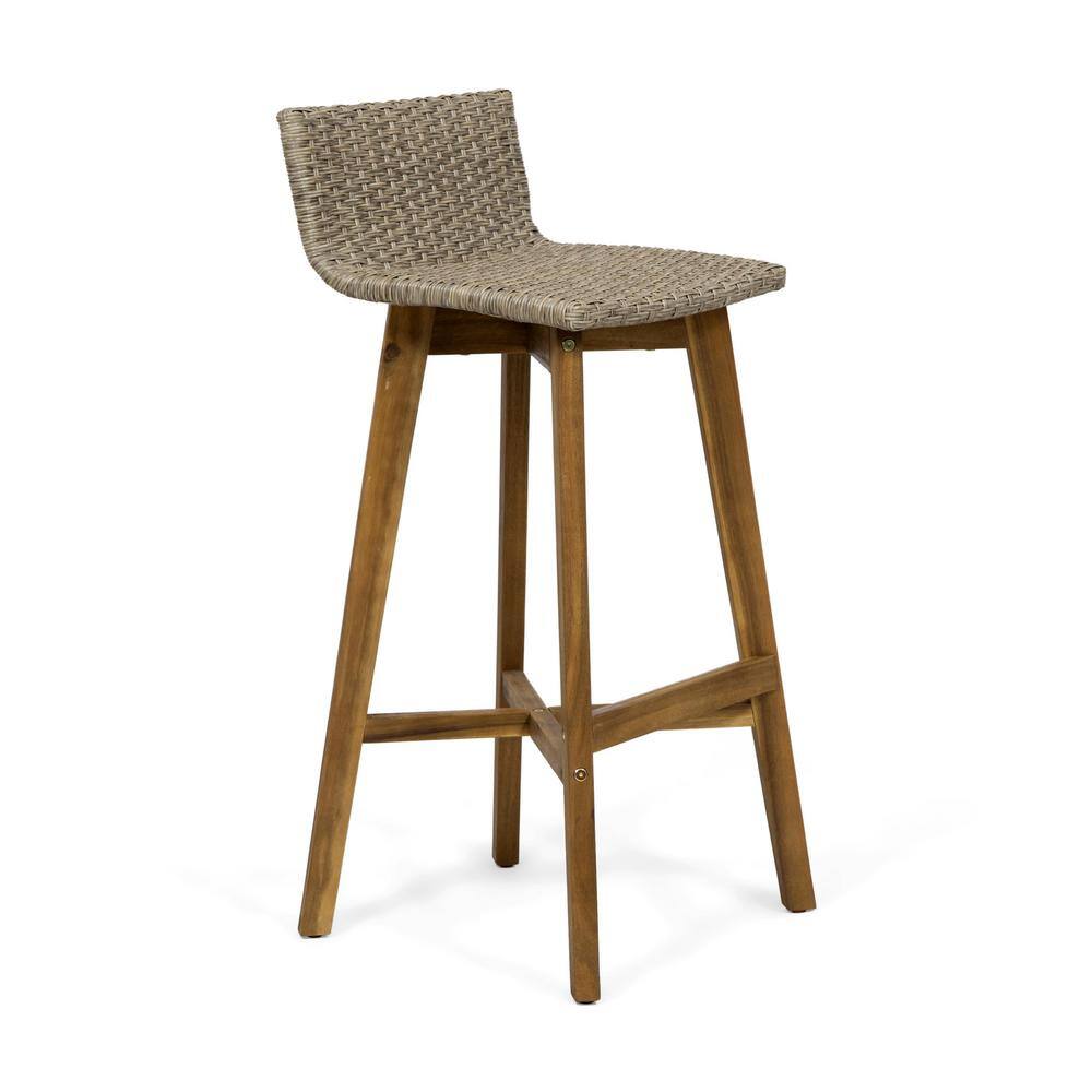 Light Brown Acacia Wood and Wicker Outdoor Barstools, Set of 2