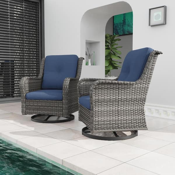 Wicker Outdoor Rocking Chair Patio Swivel with Blue Cushions (2-Pack)