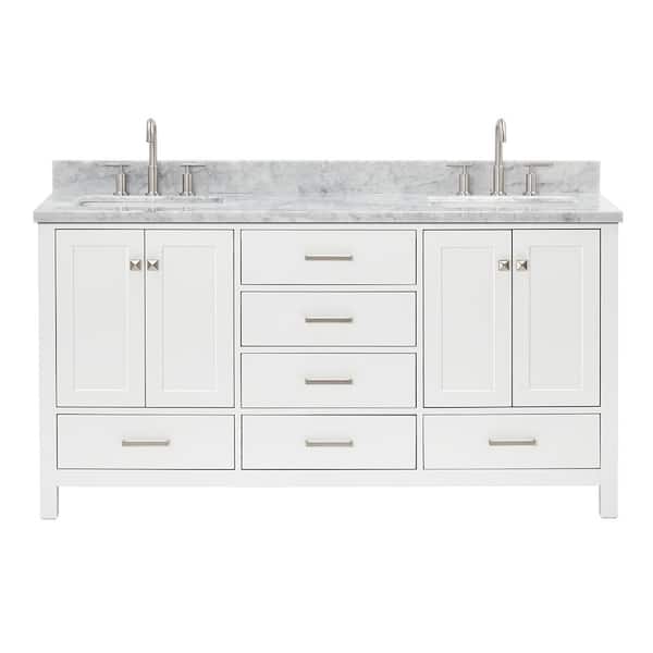 Cambridge 66 in. Double Sink Freestanding Bathroom Vanity in White with Carrara White Marble Top