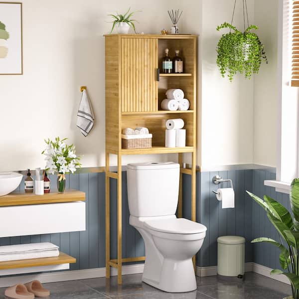 24.4 in. W x 66.9 in. H x 9.5 in. D Yellow Bamboo Bathroom Over-the-Toilet Storage Rectangular Shelf with Sliding Door