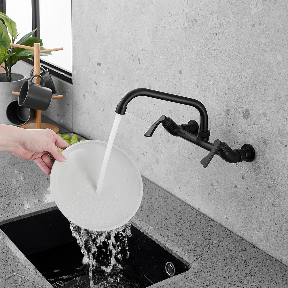 Matte Black Double-Handle Wall-Mount Kitchen Faucet