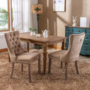 Brown Modern Velvet Upholstered Dining Chair Tufted Nailhead Trim Side Chair with Wood Legs Set of 2