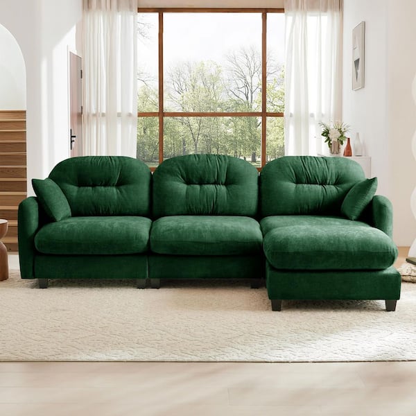 Sapphire 107 in. Chenille Upholstered Cloud Rectangle Sectional Sofa in Green with Ottoman, 2-Pillows