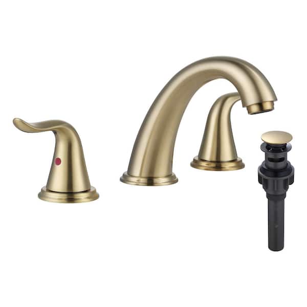 IVIGA 8 in. Widespread Double Handle Bathroom Faucet with 2-Aerators, Pop-up Drain and Supply Lines in Gold