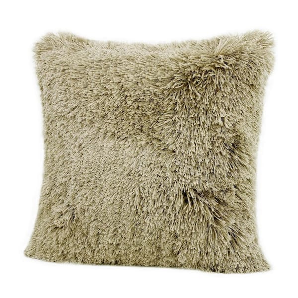 Unbranded Quinto Taupe Shag Solid Fluffy Poly-Fill 22 in. x 22 in. Throw Pillow