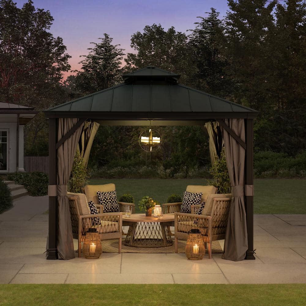 Sunjoy 10 ft. x 10 ft. Black Aluminum Frame Gazebo with Gray Curtains