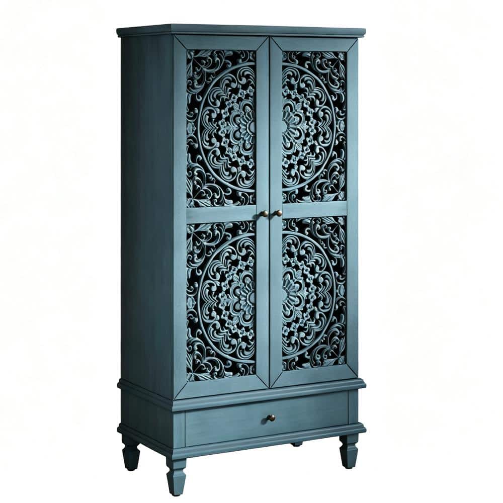 Avex Antique Blue 55 in. H Decorative Accent Storage Cabinet with Drawer and 2 Carved Doors