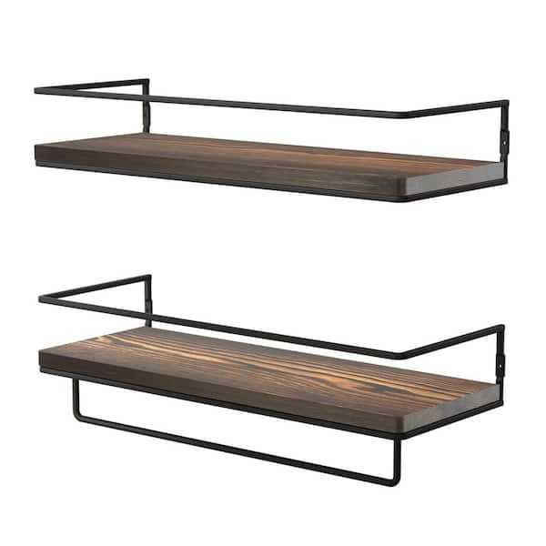 Unbranded 5.71 in. D x 15.7 in. W x 2.28 in. H Black-Brown Floating Shelves with Towel Rack (Set of 2)