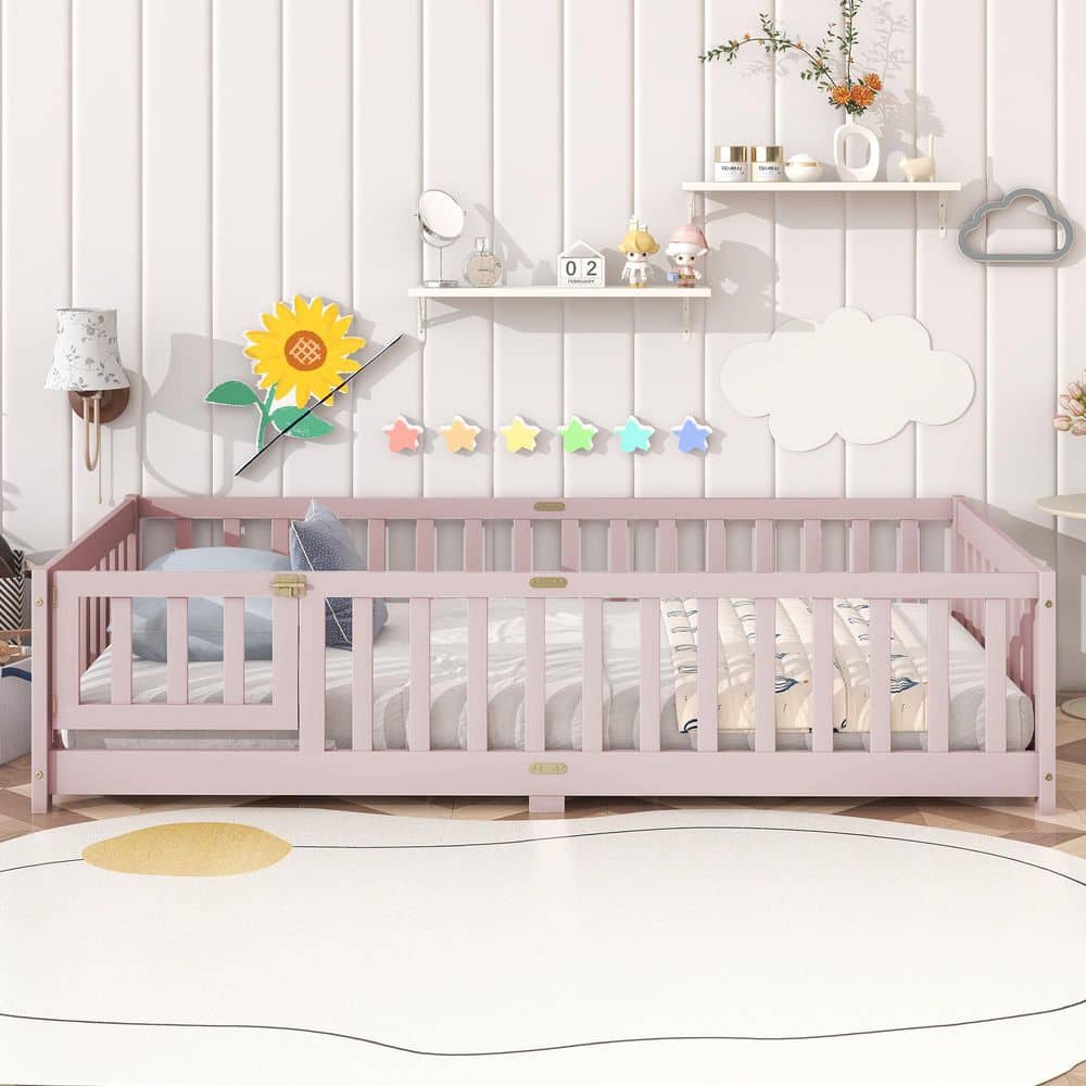Pink Rubber Wood Frame Twin Platform Bed with Fence,Door and Safety Guardrails price history on PriceWatchPro