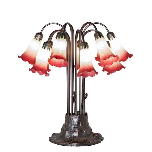 Pond Lily 24 in Mahogany Bronze Victorian Novelty Table Lamp with Beige & Red Glass Shade