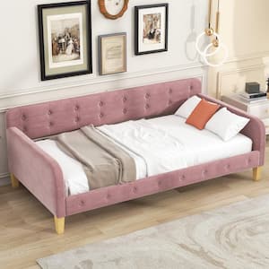 Button-Tufted Pink Wood Frame Twin Size Velvet Upholstered Daybed with Additional Support Legs