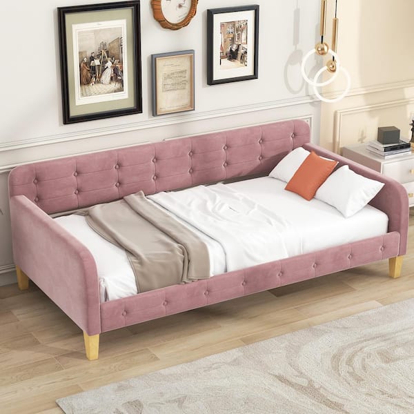Harper & Bright Designs Button-Tufted Pink Wood Frame Twin Size Velvet Upholstered Daybed with Additional Support Legs