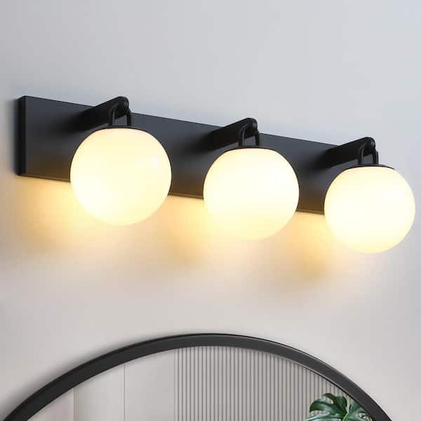 pasentel 28 in. 3-Light Modern Black Vanity Light with Opal Glass Shades