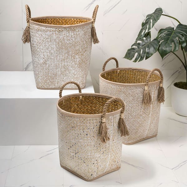 Celia Brown 16.93 in. x 20.08 in. Palm Leaf Wicker Nesting Storage Decorative Basket, Natural/White (Set of 3)