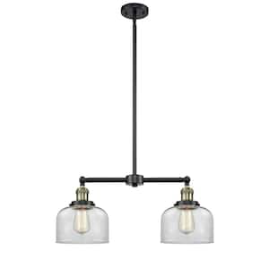 Bell 2-Light Black Antique Brass Shaded Pendant Light with Clear Glass Shade