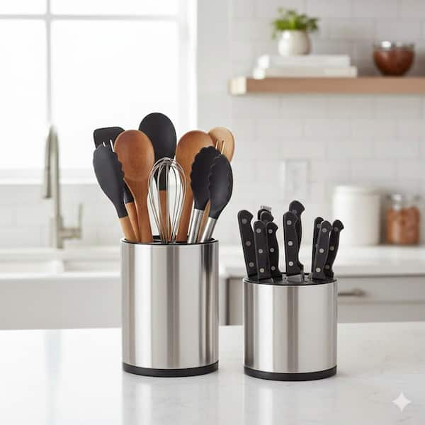 Silver Stainless Steel Kitchen Utensil Holder Set Rotating 3 Compartment Countertop Caddy Removable Drain Base 2 Pack