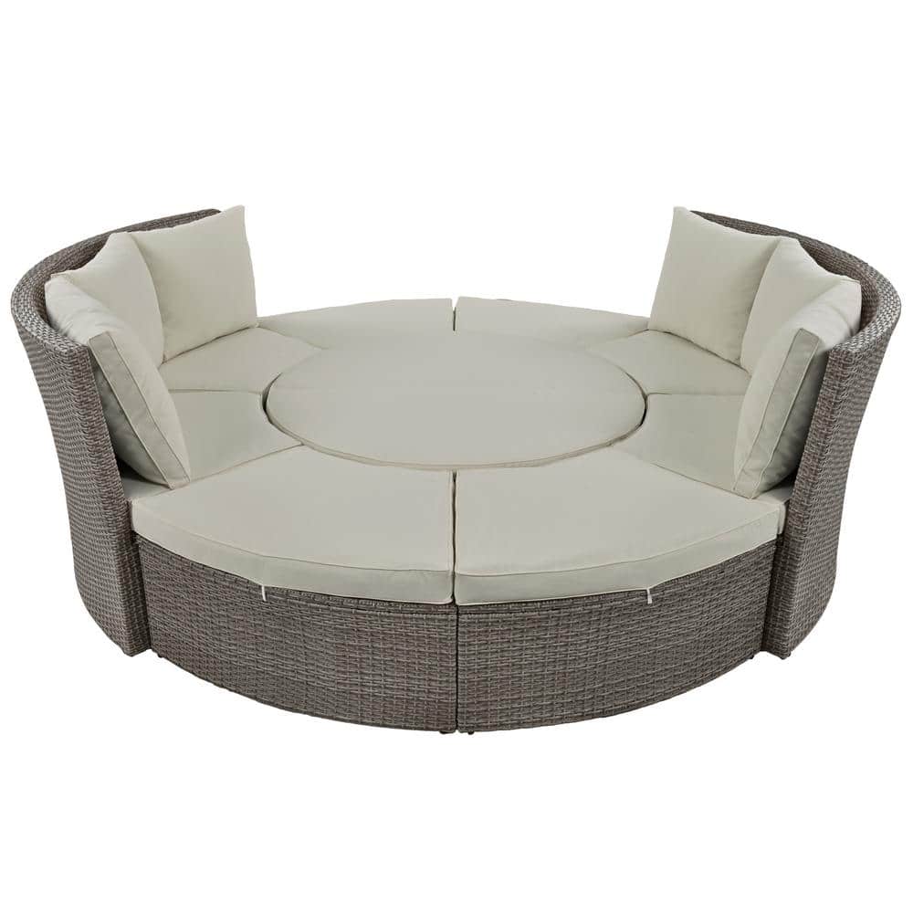 Rattan Metal 5-Piece Round Outdoor Sectional Sofa Set, PE Wicker Daybed wit