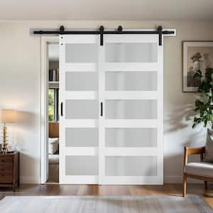 72 in. x 84 in. Bypass 5-Lite Frosted Glass White Prefinished MDF Interior Double Sliding Barn Door with Hardware Kit