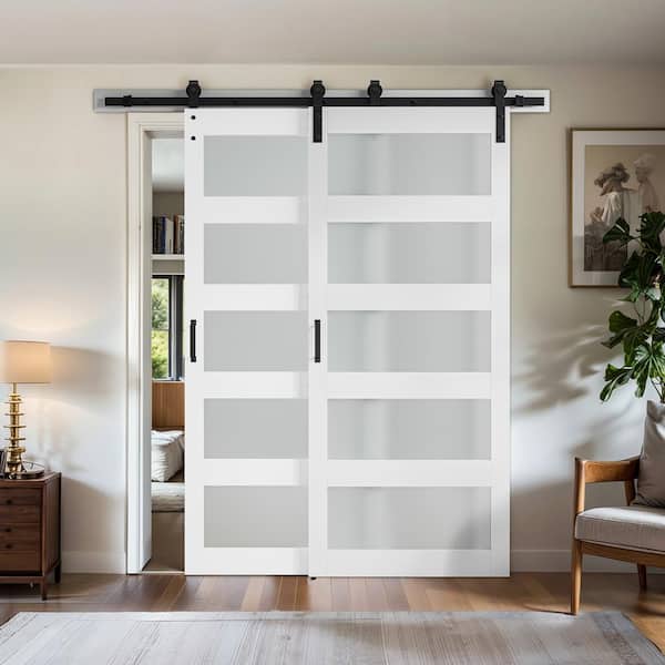 76 in. x 84 in. Bypass 5-Lite Frosted Glass White Prefinished MDF Interior Double Sliding Barn Door with Hardware Kit