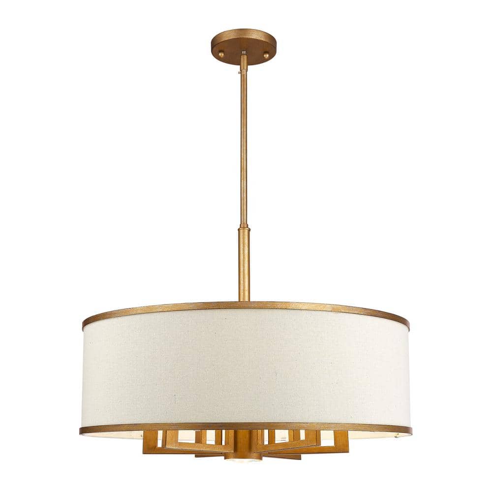 Antique Gold Leaf 6-Light Drum Chandelier with Linen Shade