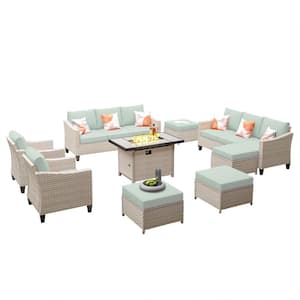 Oconee Beige 9-Piece Modern Outdoor Patio Conversation Sofa Set with a Rectangle Fire Pit and Mint Green Cushions