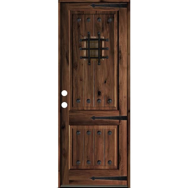 Krosswood Doors 30 in. x 96 in. Mediterranean Knotty Alder Sq. Top Red Mahogany Stain Right-Hand Inswing Wood Single Prehung Front Door
