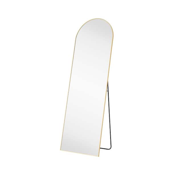 FIRNEWST 21 in. W x 64 in. H Aluminium Alloy Frame Gold Arched Floor Mirror with Floor Stand and Wall Mounted Hooks