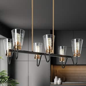 Altat 6-Light Brass-Plated Modern Island Chandelier, Cone Seeded Glass Black Pendant Light, Farmhouse Light Fixture