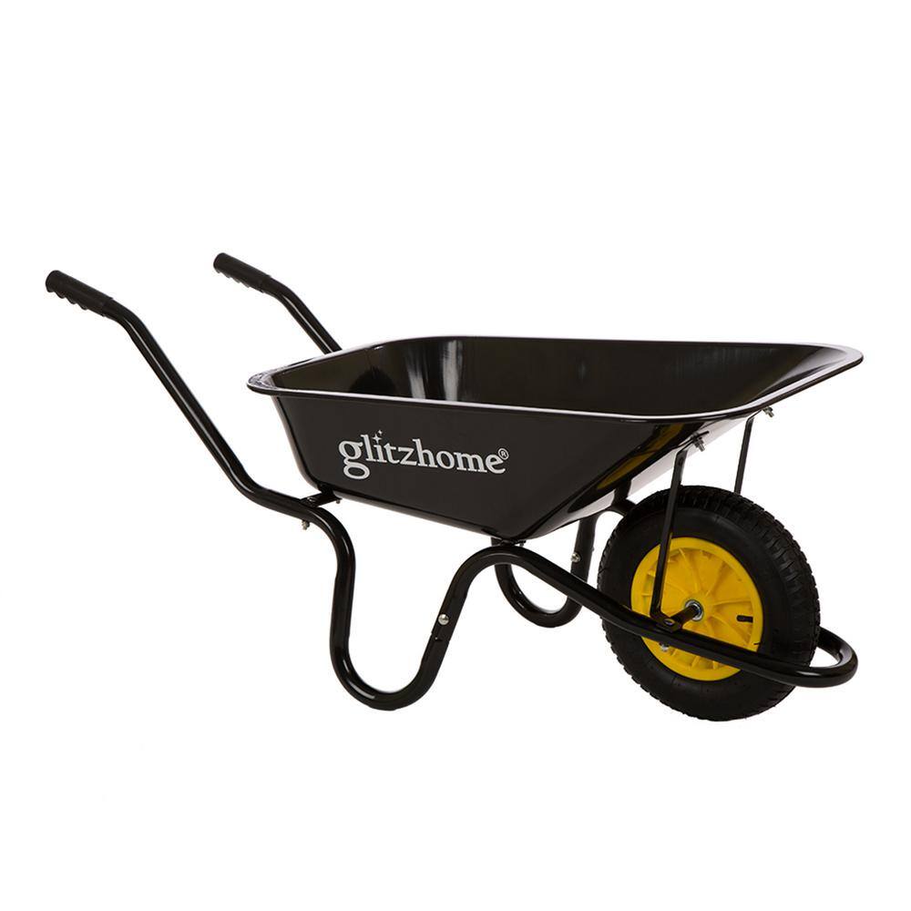 Glitzhome 4.7 cu. ft. Black Steel Framed Plastic Garden Wheelbarrow