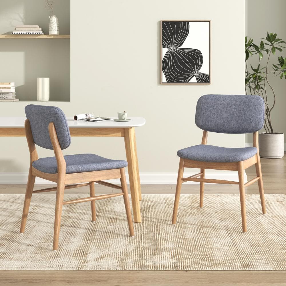 Natural Upholstered Dining Chair Set of 2 with Rubberwood Frame and Gray Cushion