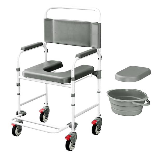 Bedside Commode with Wheels, Shower Wheelchair with 300 lbs. Weight Capacity, Toilet Seat, Portable Toilet with Bucket