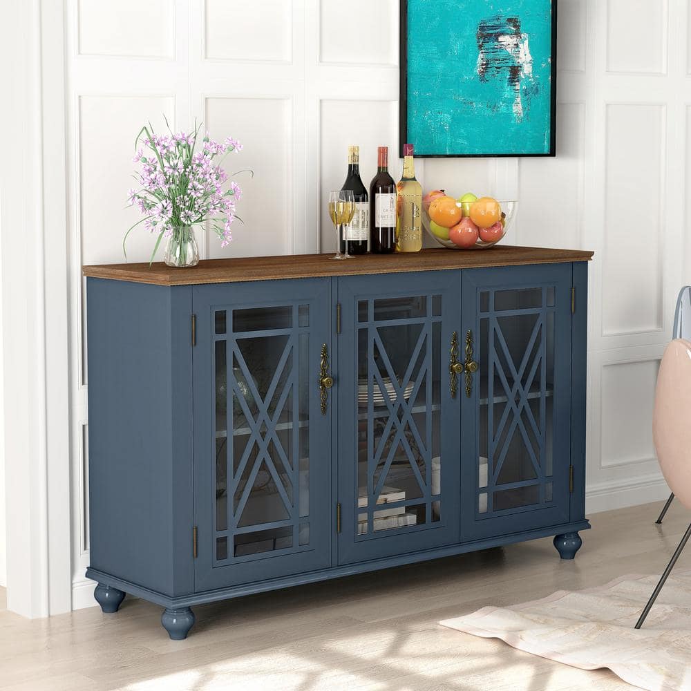 55" Navy and Wood Vintage Storage Sideboard Buffet Cabinet