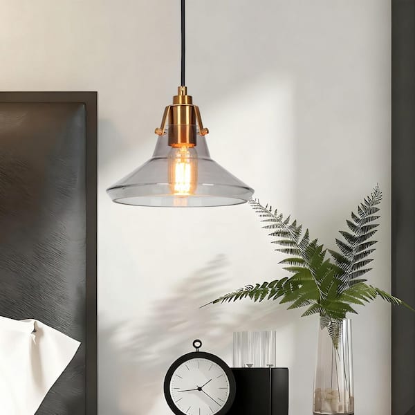 Tencanonia Modern 1-light Black and Plating Brass Pendant Light with Cone Smoke Glass Shade for Living Room