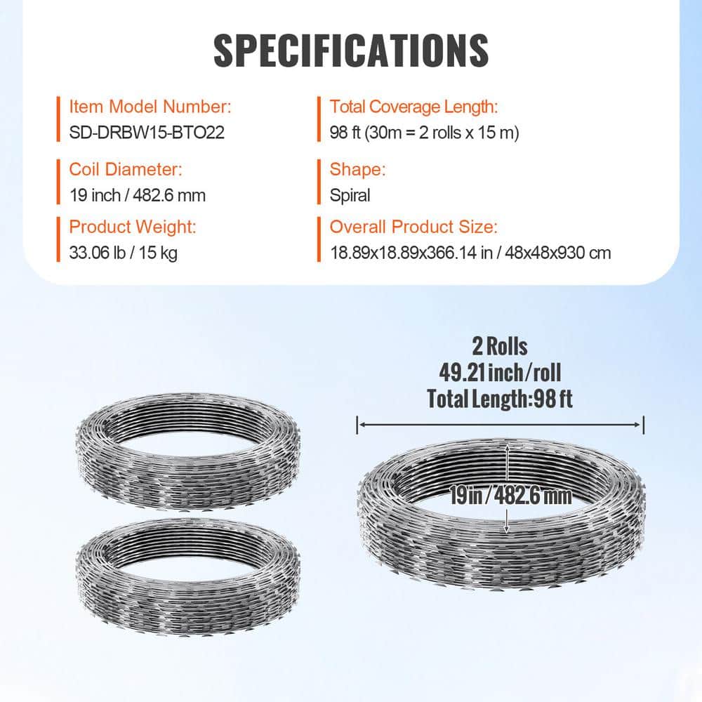 Galvanized Double Spiral Razor Wire Fence Set, 98 ft Coverage