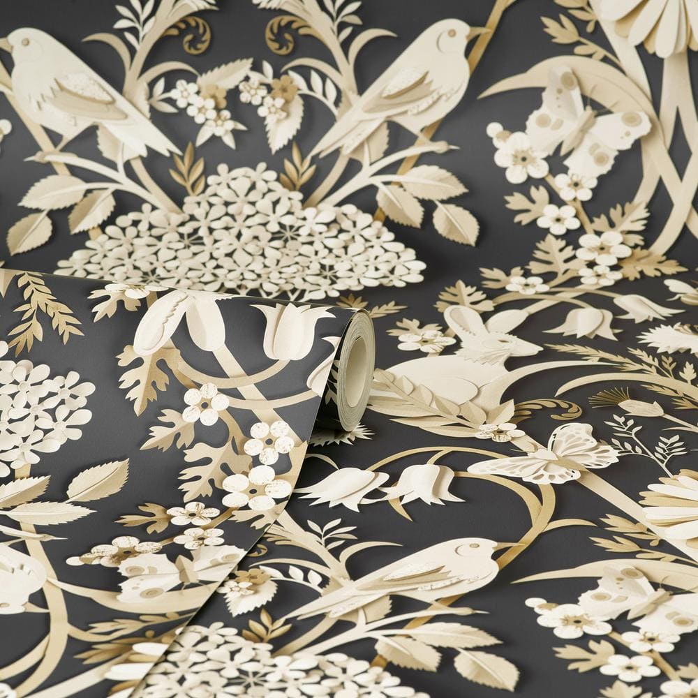 Whimsical Charcoal and White 3D Woodland Wallpaper