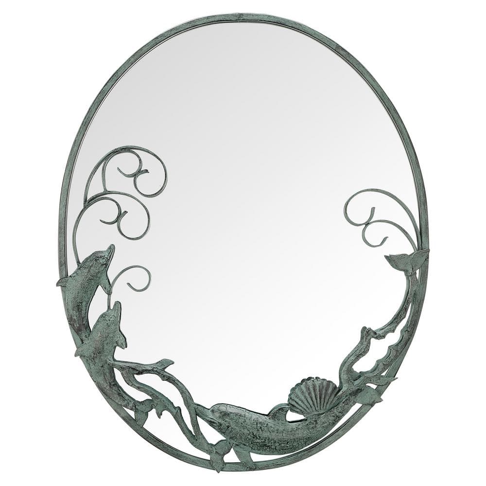 Verdigris Coastal Charm Oval Wall Mirror with Dolphin Accents