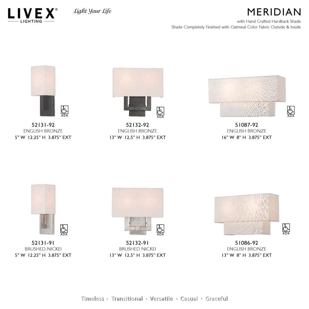 Meridian Brushed Nickel Dimmable 1-Light Wall Sconce with Oatmeal Shade