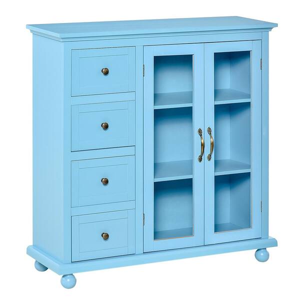 HOMCOM Storage Cabinet Blue Buffet Sideboard with Glass Door Cupboard and 4-Drawers Console Table for Living Room