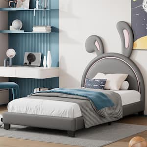 Gray Wood Frame Twin Size Upholstered Leather Platform Bed with Bunny Ears Headboard