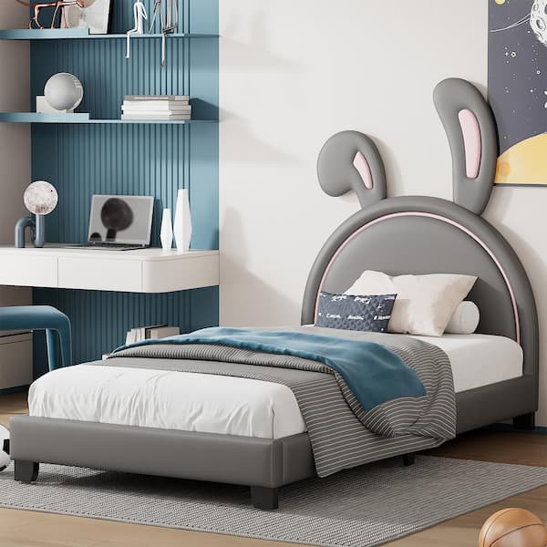 Harper & Bright Designs Gray Wood Frame Twin Size Upholstered Leather Platform Bed with Bunny Ears Headboard