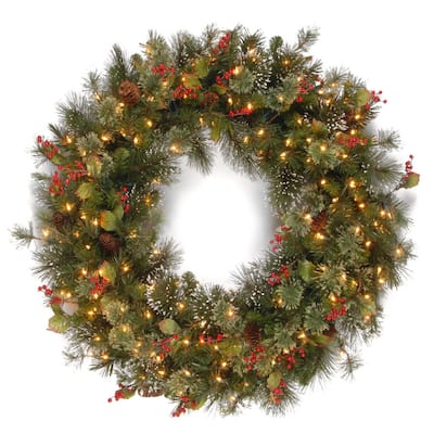 New Year Decorations Christmas Wreath for Front Door 18 Inch Christmas Decor with Classic Artificial Natural Branches Pine Cones Christmas Wreath with 50 LED for Xmas Party 