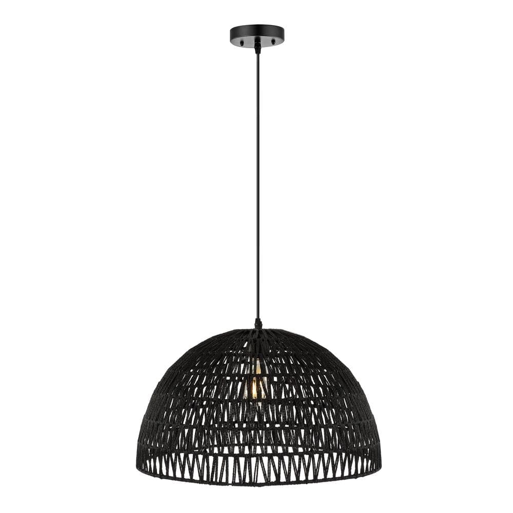 Bohemian Black Woven Rattan & Iron LED Dome Pendant 20"