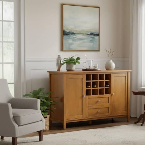 Warm Shaker 54 in. Wide Solid Wood Storage Cabinet Buffet with Wine Rack in Light Golden Brown