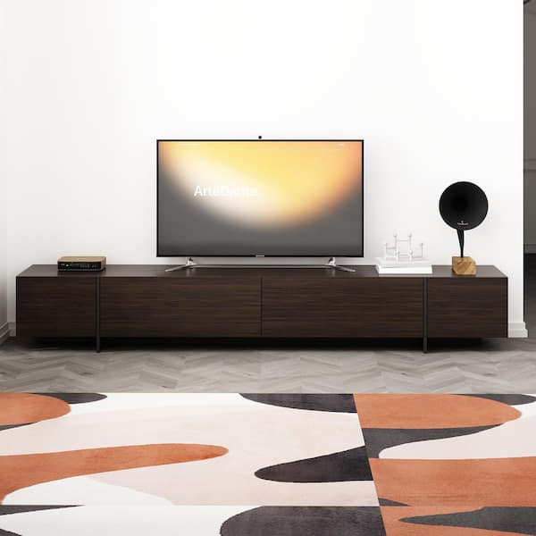 Black and Brown Wooden Grain TV Stand, Entertainment Center Fits TV's up to 90 in. with 4 with Door Shelves for Storage