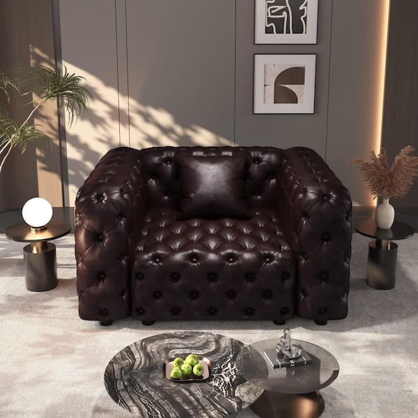 48.4 in. Square Arms Faux Leather Square Sofa in. Brown with Pure Handmade Button Tufted Design