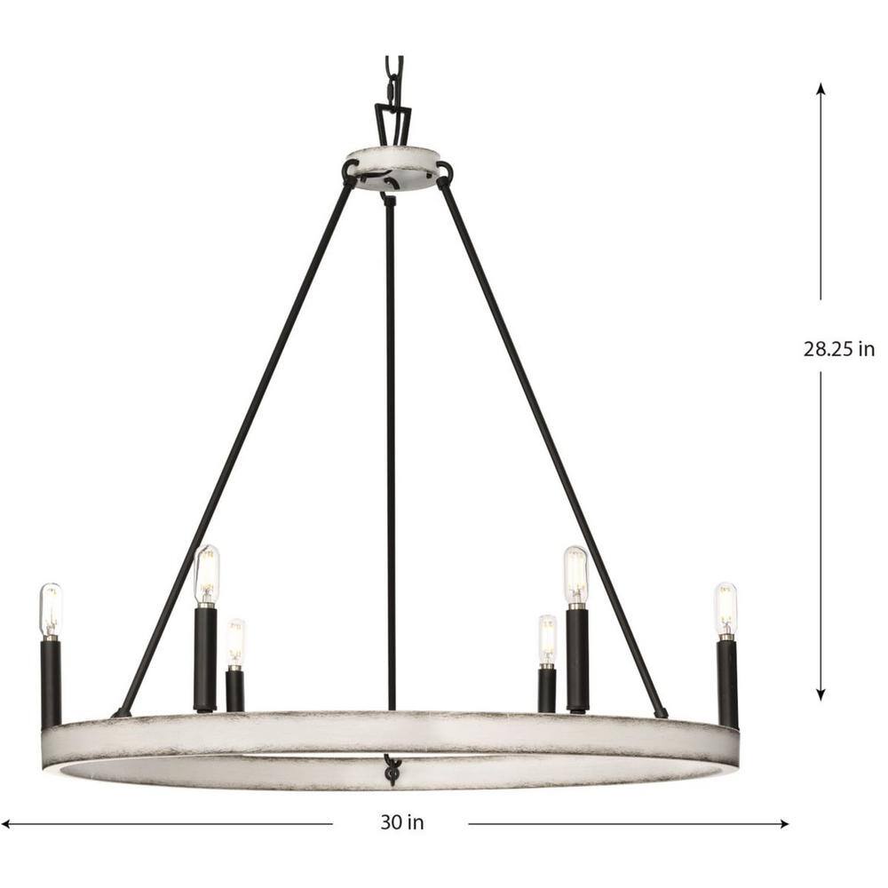 Distressed White and Matte Black 6-Light Wagon Wheel Chandelier