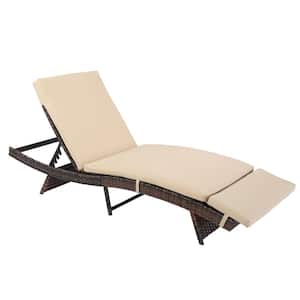 Brown Back Adjustable Rattan Outdoor Lounge Chair Chaise Recliner with Beige Cushions