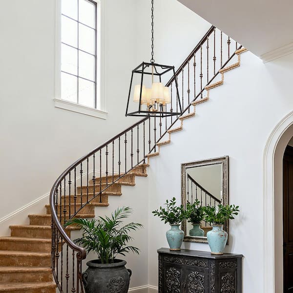 Modern Farmhouse 4-Light Black Dining Room Chandelier, Industrial Cage Pendant Light with White Fabric Shades for Hall