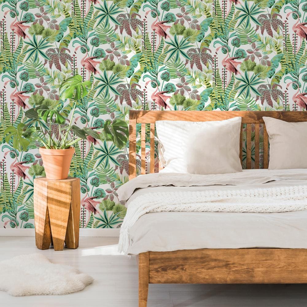 Cactus Rose Tropical Pink and Green Peel and Stick Wallpaper Roll