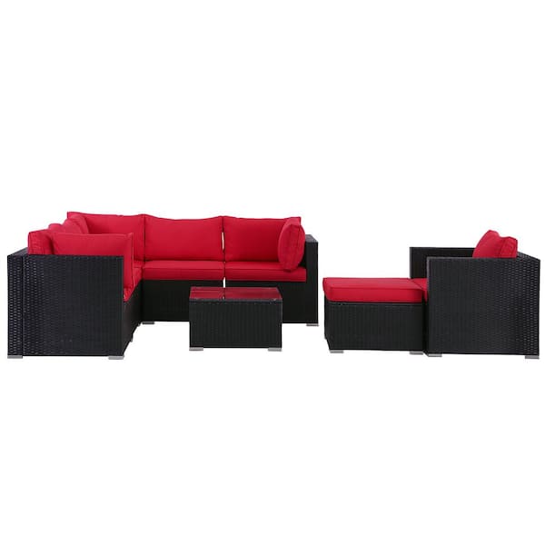 Unbranded Black 8-Piece Wicker Outdoor Patio Conversation Set Sectional Set with Red Cushions